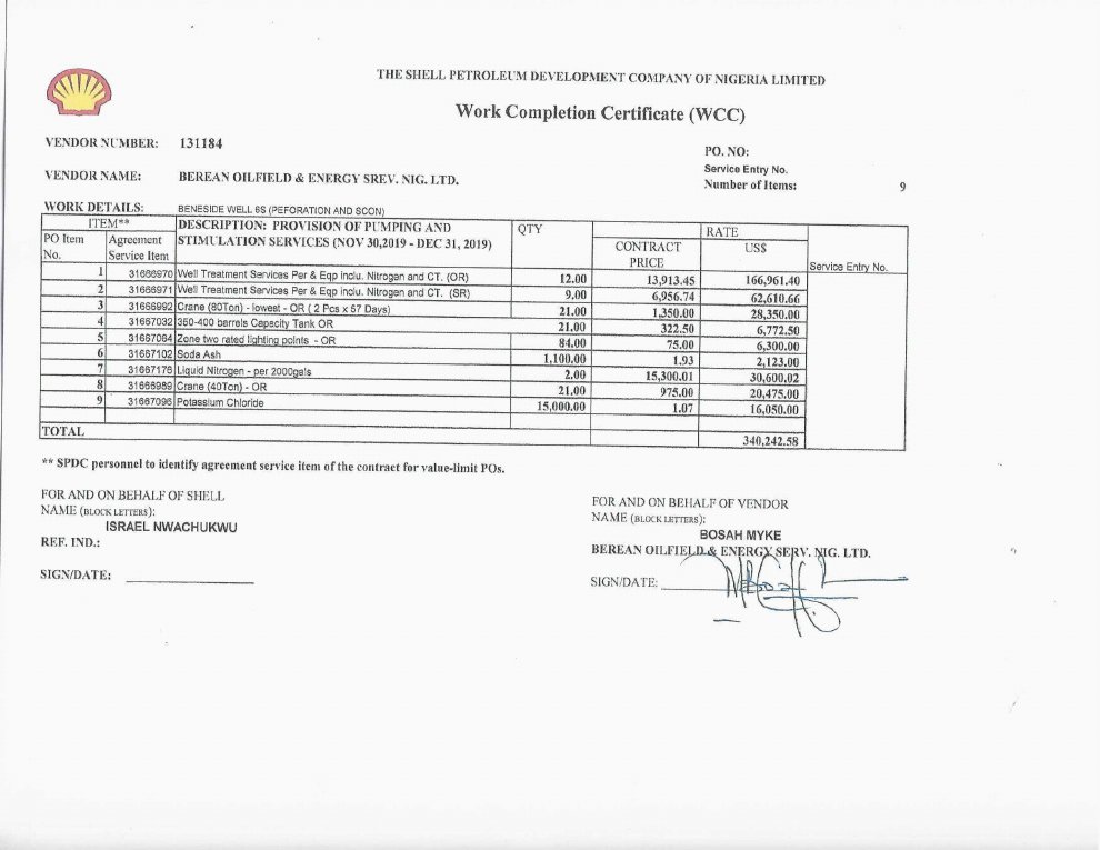 Shell SPDC Work Completion Certificate, Beneside Well 6S