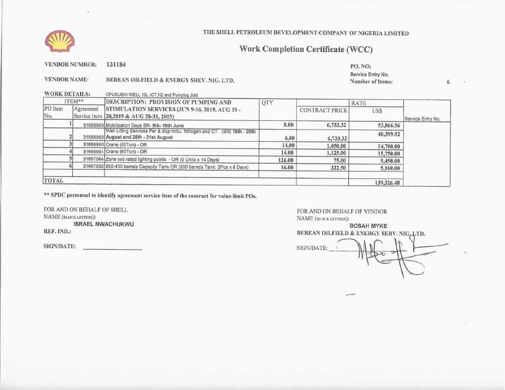 Shell SPDC Work Completion Certificate, Opukushi Well 12L